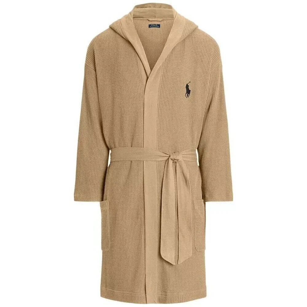 POLO RALPH LAUREN MEN'S THERMAL HOODED ROBE KHAKI TAN SZ‎ NWT
